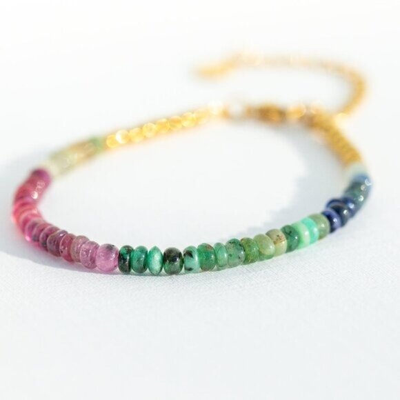 Rainbow SAPPHIRE Beaded Bracelet Waterproof Gold Non-Tarnish Bracelet GORGEOUS - Picture 7 of 10